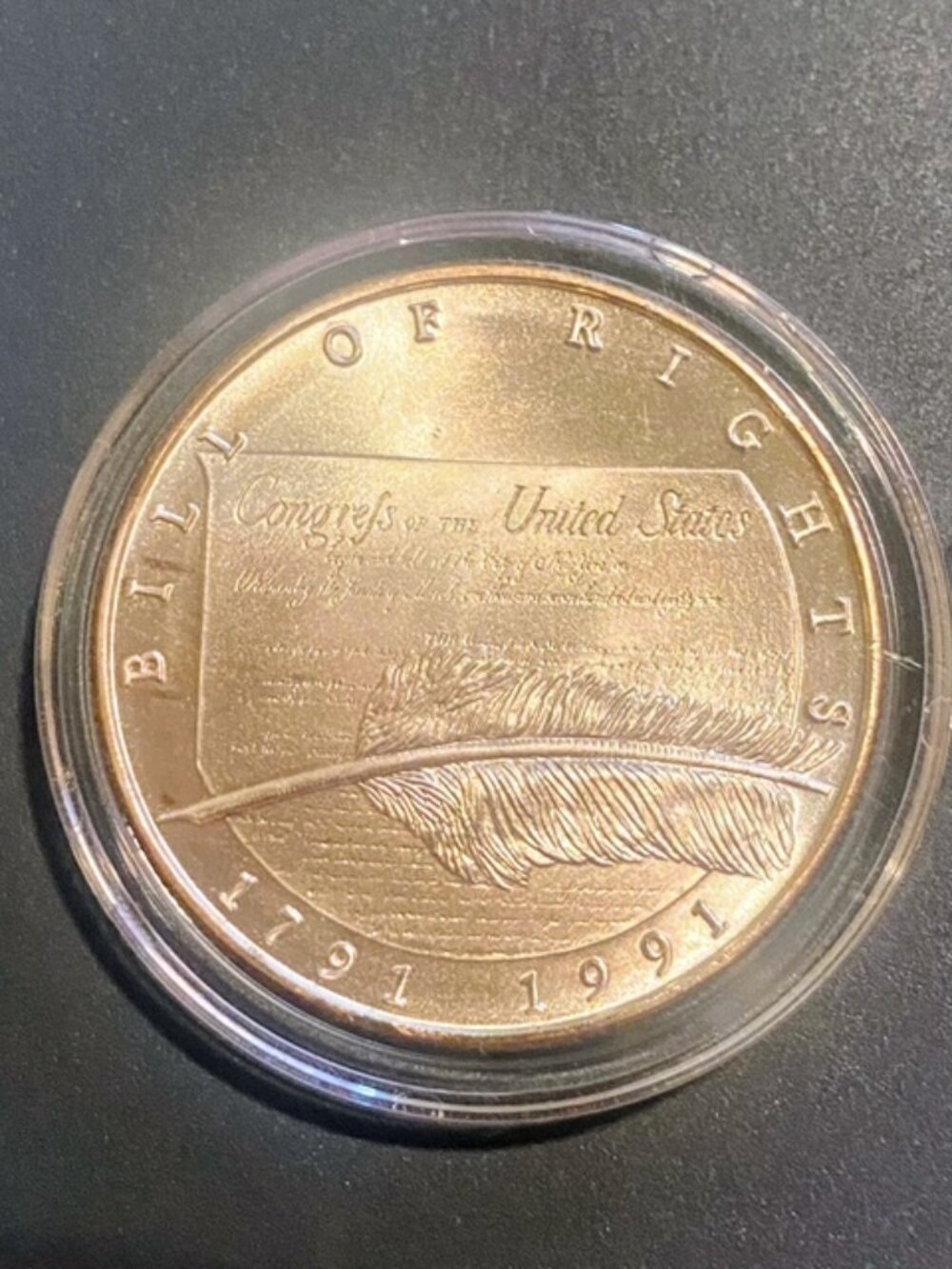 1991 Chrysler Honors The Bill of Rights 1 ozt 99.9% Silver Round  Blueberry Tone